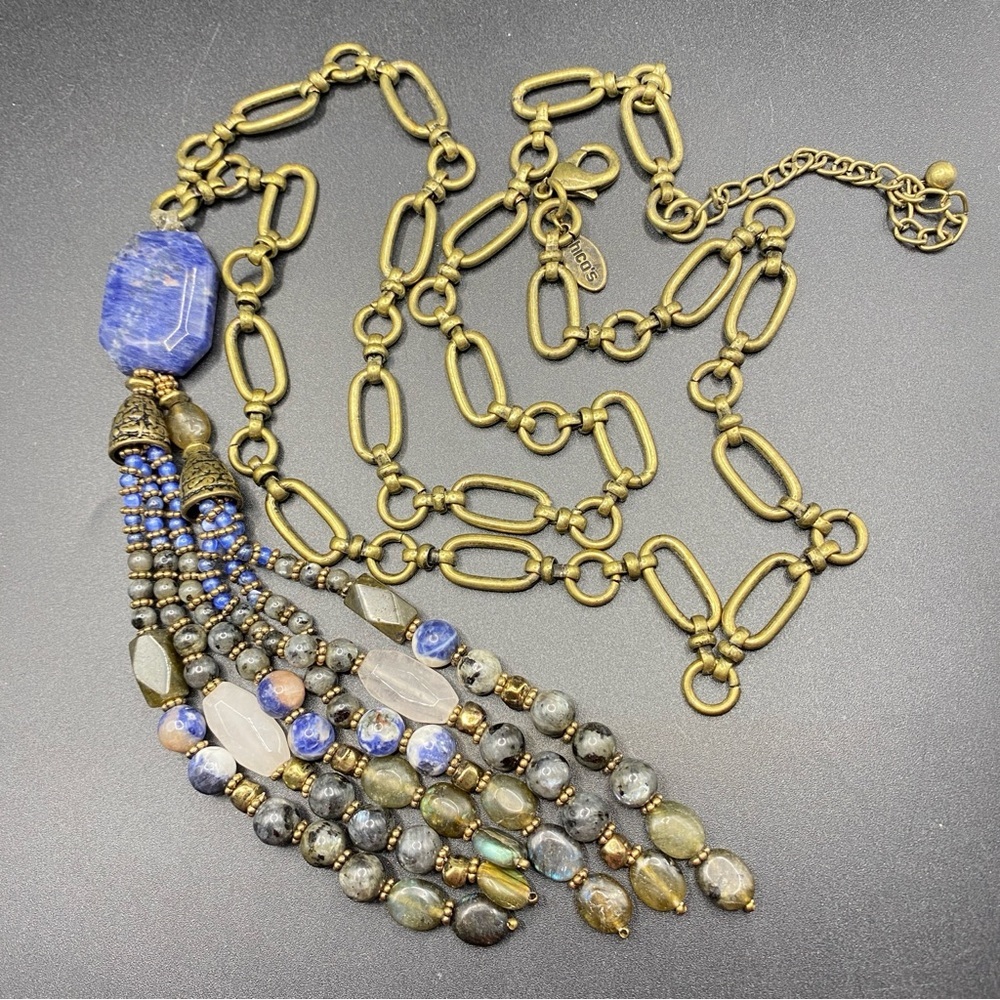 CHICO’S Lapis Lazuli Blue Natural Stone Beads Tassel Necklace Bohemian Style